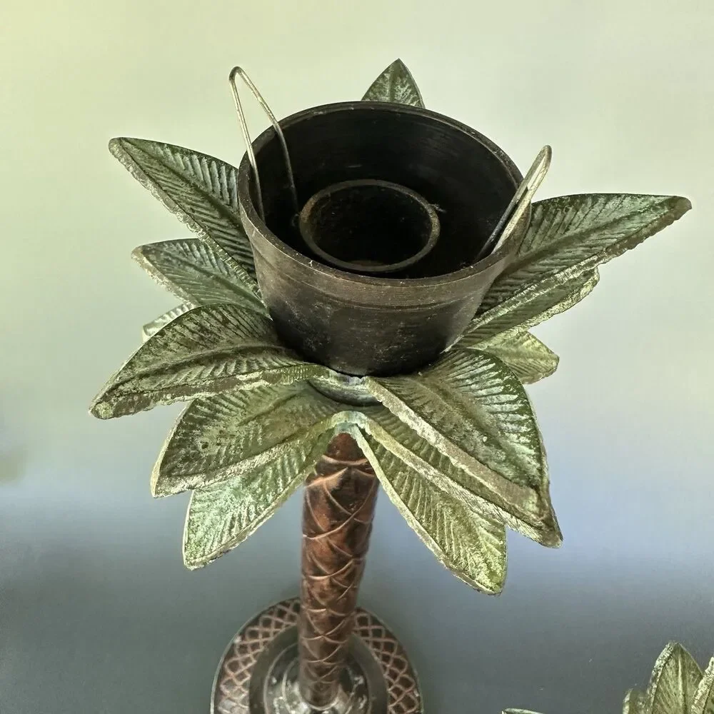 Vintage Palm Tree Candle Holders Hollywood Regency Safari Lodge Colonial Pair
